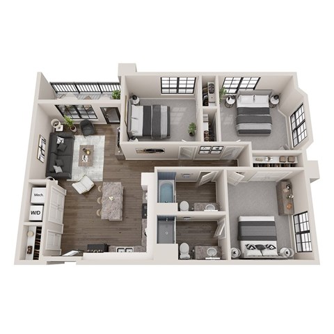 Floor plan for 3 beds, 2 baths, 1112 sqft